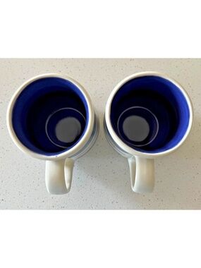 Pfaltzgraff Cups Set of 2 Stoneware Blue and Cream Stripe Excellent Condition